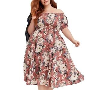 TORRID Midi Challis Off-Shoulder Pink Floral Dress Size 2X MSRP $70